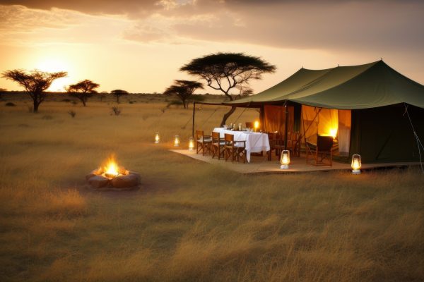 Tent and bonfire in the savannah