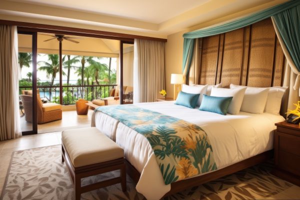 luxurious king-size bed in a resort suite